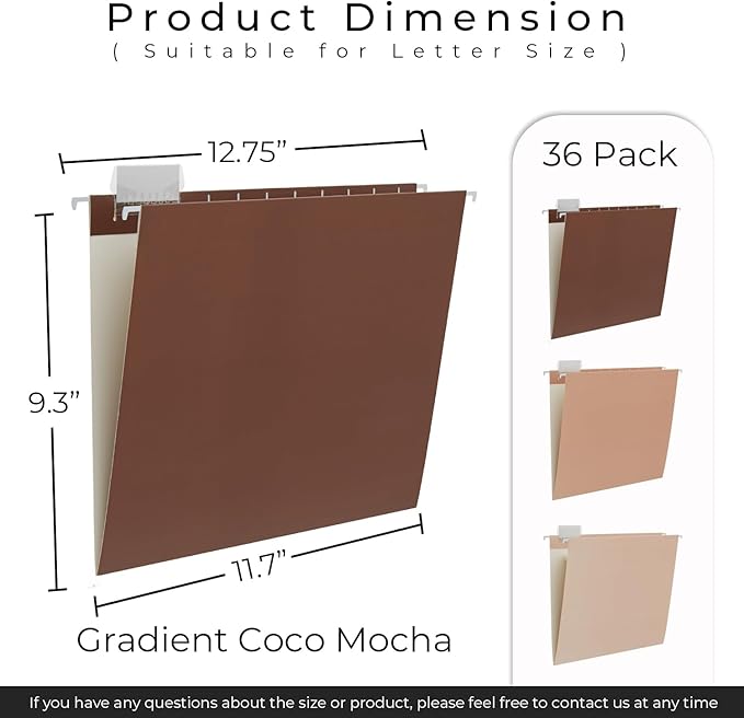 Y YOMA 36 Pack Gradient Hanging File Folders Letter Size Decorative Hanging Folder Pretty File Folder Organizer for Filing Cabinet Office Home with 1/5-Cut Adjustable Tabs, Coco Mocha