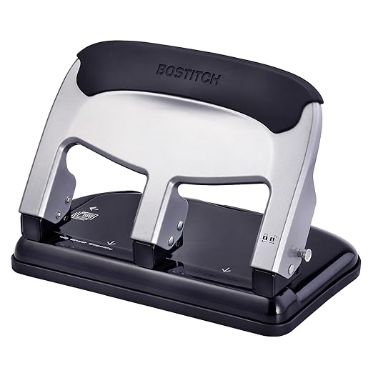 Bostitch Office EZ Squeeze Heavy Duty 3 Hole Punch, 40-Sheet Capacity, Use Less Force, Perfect for Home Office School Supplies, Sleek Design, Silver