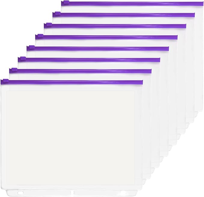 YoeeJob 3 Holes Clear PVC Zipper Binder Pocket Insert Pages Letter Size, 8 1/2"x 11 Loose Leaf Binder Filing Storage Bags 8 Packs(Purple)