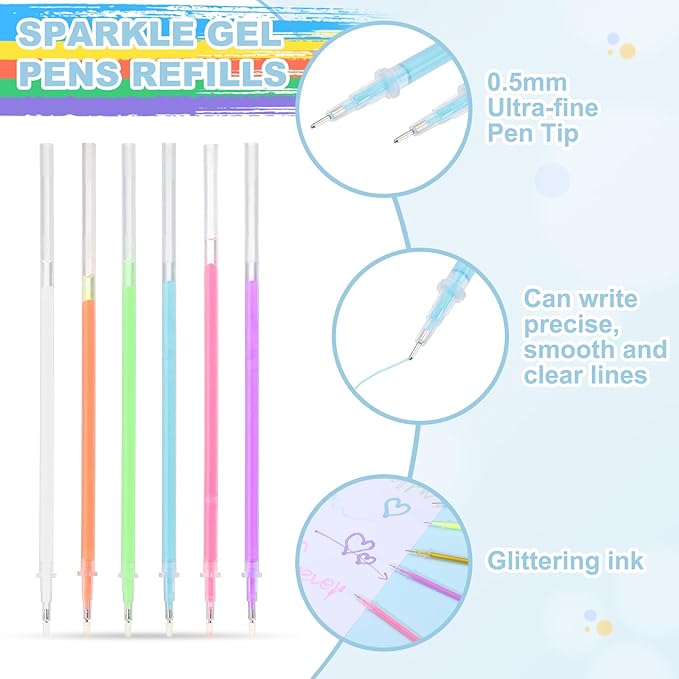 PATIKIL 0.5mm Gel Pens Refills, 24 Pack Glitter Gel Pens Sparkle Metallic Ink Fine Point Colored Refill Set for Adults Coloring Books Journaling Scrapbooking Art Drawing, Multicolor