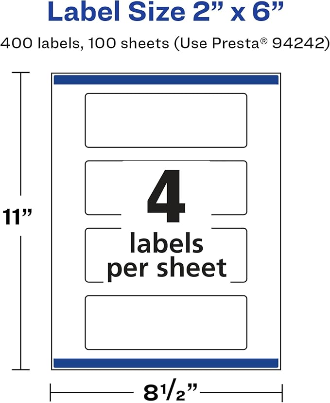 Avery Glossy White Rectangle Labels, Sure Feed Technology, 2" x 6", 400 Glossy White Labels, Print-to-The-Edge, Permanent Adhesive, Laser/Inkjet Printable