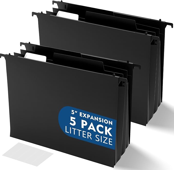 5 Pcs Plastic Extra Capacity Hanging File Folders, 5 Inch Expanding Pocket with Movable Dividers, Letter Size Black File Folders with Insertable Tabs for Filing Cabinet