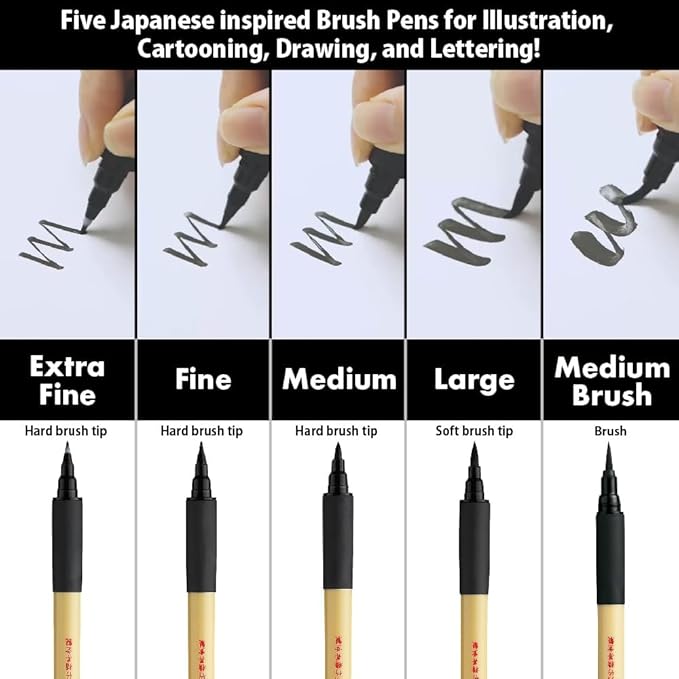 Kuretake Bimoji Brush Pen, 5 pcs set, brush tip marking fude brush pen, for Calligraphy, lettering, illustration, Professional, Made in Japan