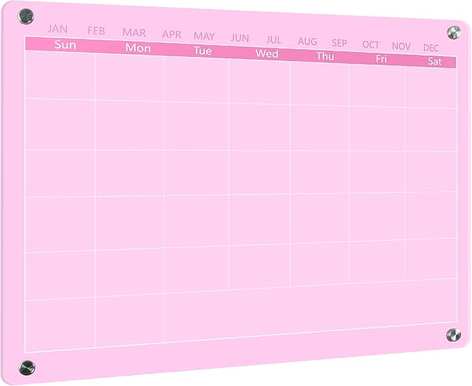 Acrylic Calendar Dry Erase Board for Wall,15.7''x11.8'',Pink Monthly Calendar Whiteboard for Home,Office, School