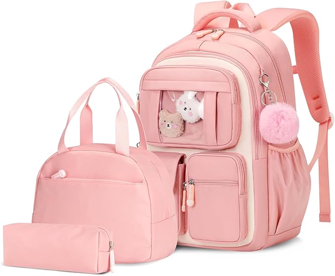 Girls Backpack with Lunch Box 3Pcs, Kawaii School Bag Set for Kid Elementary Middle School, Multi-Pocket Cute Laptop Bookbag Lightweight, Pink