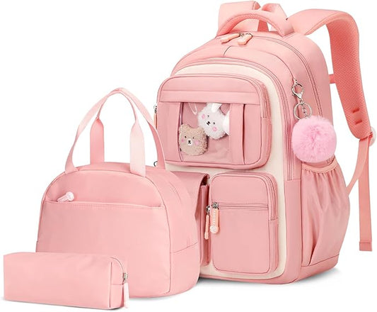 Girls Backpack with Lunch Box 3Pcs, Kawaii School Bag Set for Kid Elementary Middle School, Multi-Pocket Cute Laptop Bookbag Lightweight, Pink