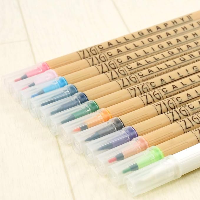 Kuretake ZIG CALLIGRAPHY 2 Dual Tip Markers 12 colors set, 2mm, 3.5mm, Square tips, AP-Certified, No mess, Photo-Safe, Acid Free, Lightfast, Odourless, Xylene Freeing, For Beginners, Made in Japan