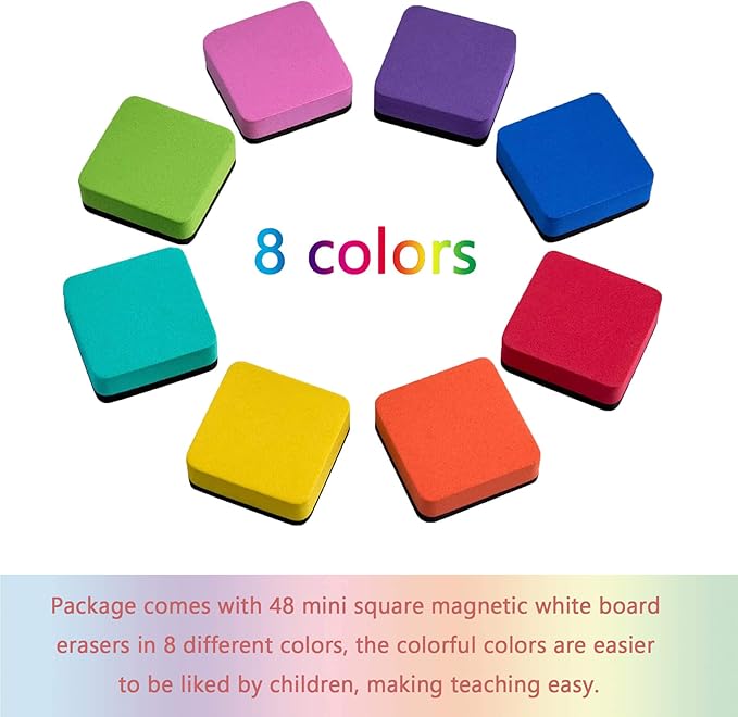 Dry Erase Erasers, AWOWZ 48 Pack Mini Magnetic Whiteboard Dry Eraser Chalkboard Cleaner Bulk for Home, Office and Classroom Teacher Kids Supplies (8 Color, 2 x 2 x 0.79 Inch)