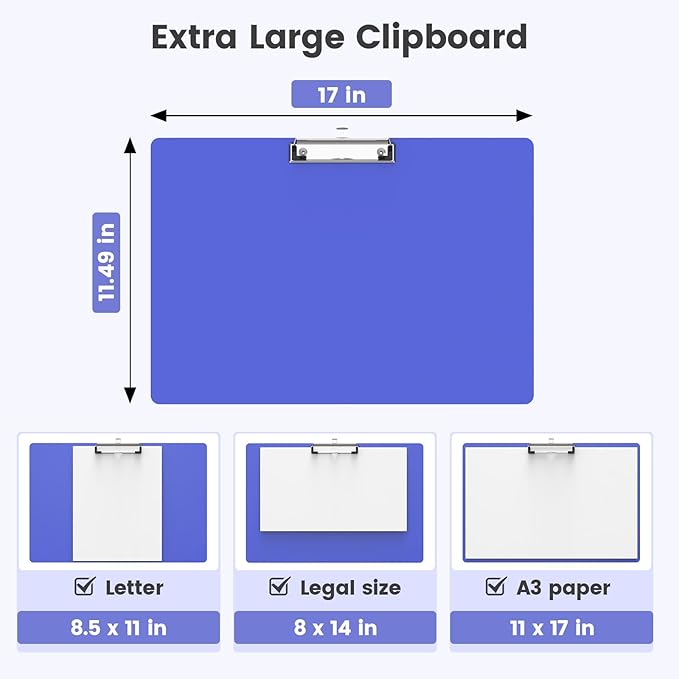 Extra Large 11x17 Clipboards, Plastic Blues Drawing Boards, Horizontal Clip Board, Landscape Layout. Suitable for Watercolor, Sketching, Painting. Art & Drafting Supply(Pack of 6)