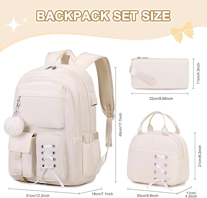 Backpacks for Girls, Girls Backpack with Lunch Box & Pencil Pouch for Teens Girl Kids Elementary Middle High School College Student Bookbag Daypack Laptop Travel Backpack for Women (Beige)