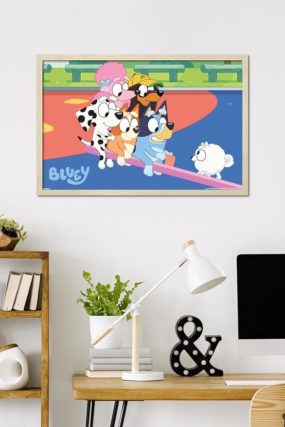 Bluey (2018) - Bluey and Friends See Saw Fun Wall Poster, 34L" x 22.4W", Blonde Framed Version