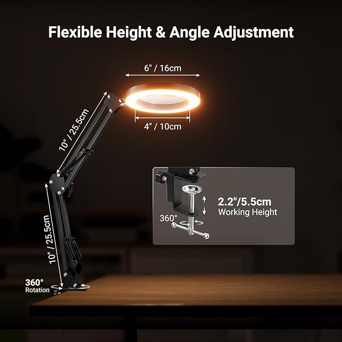 NEEWER Entry Level Version 10X Magnifying Glass with Light & Clamp Stand, 6.3" Dimmable Magnifier Lamp LED Ring Light for Desk with 3 Color Modes CRI80+ for Crafting Reading Close up Work, N19