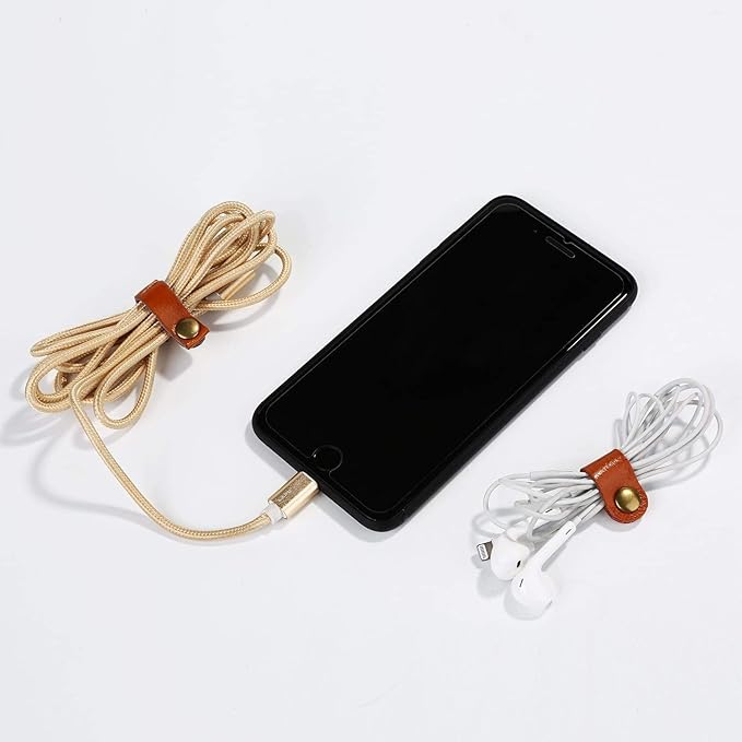 10 Pcs Cord Organizer, Portable Leather Cable Cord Stocking Stuffers for Men USB Straps Earphone Winder with Leather Handmade (Brown/white)