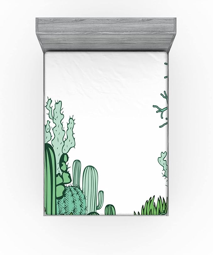 Ambesonne Cactus 2 Pack Fitted Sheet, Arizona Doodle Desert, Bed Cover All-Round Elastic Deep Pockets 2 Pieces, Package Contains 2 Full Size Fitted Sheets, Green Pale Green Seafoam