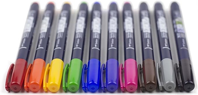 Tombow 56429 Fudenosuke Colors Brush Pens, 10-Pack. Hard Tip Fudenosuke Brush Pens in Assorted Colors for Calligraphy and Art Drawings