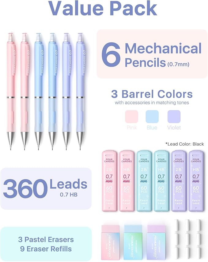 Four Candies Mechanical Pencil Set - 0.7mm (Medium Point), 6PCS Cute Pencils Mechanical with 360PCS (HB & 2B) Lead Refills & 12PCS Erasers & 1PCS Storage Case, Pastel Aesthetic Lead Pencils for School