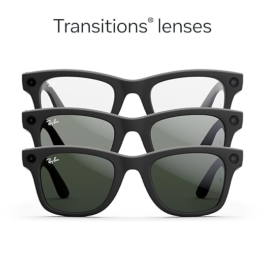 Ray-Ban Meta (Gen 1), Wayfarer, Large Matte Black | Smart AI Glasses for Men, Women — 12 MP Camera, Open-Ear Speakers, Video Recording, Bluetooth — Transitions® Clear Lenses — Wearable Technology