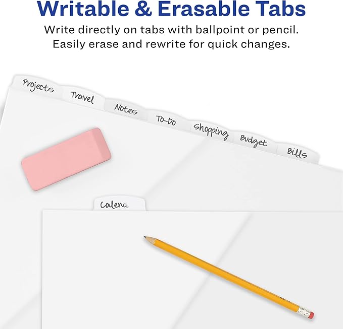 Avery Durable Plastic 8 Tab Write & Erase Dividers for 3 Ring Binders, Slash Pocket, Translucent White, Works with Sheet Protectors, 1 Set (16826)