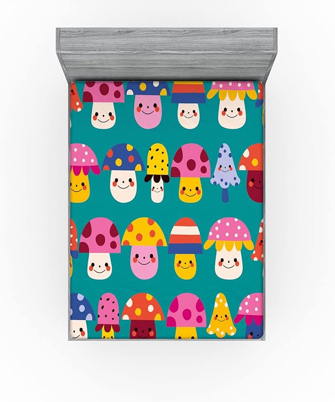 Ambesonne Mushroom Fitted Sheet, Smiling Funky and Shapes with Polka Dots and Stripes, Bed Cover with All-Round Elastic Deep Pocket for Comfort, Full Size, Dark Seafoam Multicolor