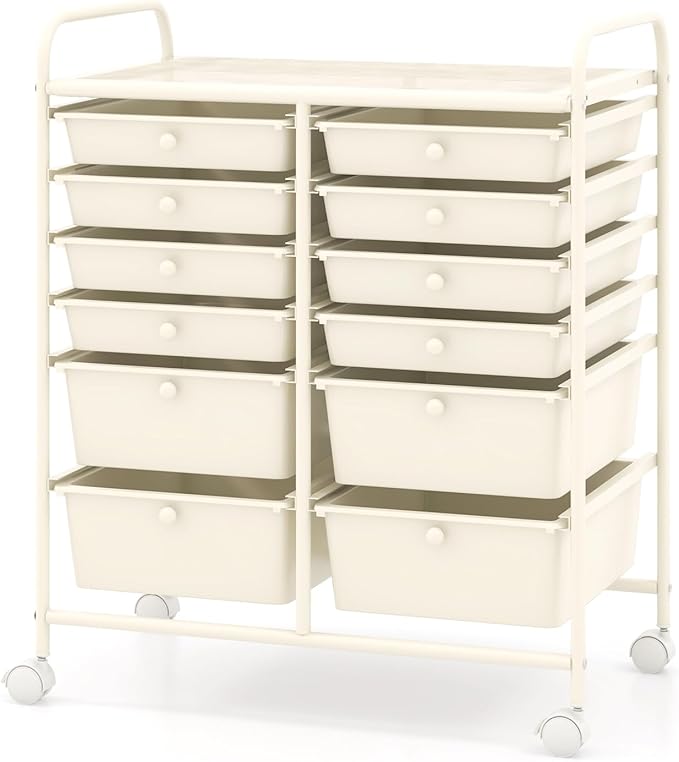 COSTWAY 12-Drawer Rolling Storage Cart, Moveable Art Craft Organizer W/Lockable Wheels, Metal Shelf, Files Arrangement Tools Makeup Storage Cart for Office, Home, School, White