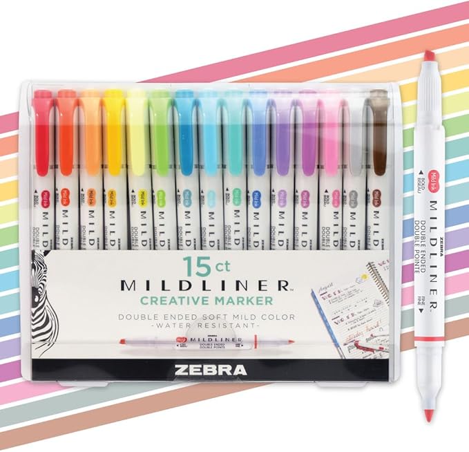 Zebra Pen Mildliner Dual-Tip Highlighter Marker Set, Broad and Fine Point Tips, No Bleed, Ideal for Bible Highlighting, Journaling, School and Office Supplies, Assorted Ink Colors, 15-Pack (78115)