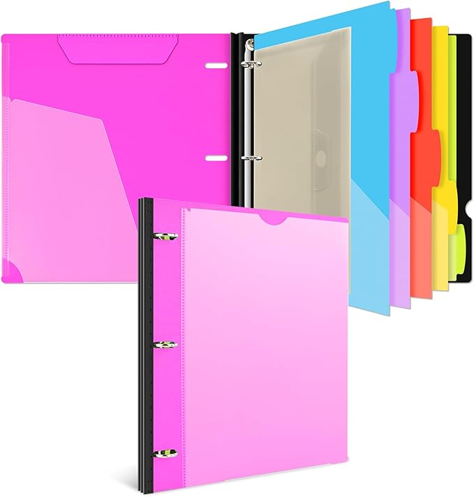 INFUN 1 Inch 3-Ring Telescoping Project Organizer Binder,13 Pocket, Customizable Front Cover, 5 Colors Pocket Divider and Plastic Binder Pocket，225 Sheet Capacity-Pink