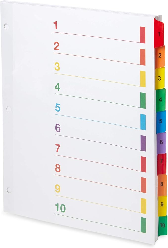 Blue Summit Supplies 10 Tab Binder Dividers for 3 Ring Binder or Notebook, Subject Dividers with Multicolor Numbered Tabs, Includes Customizable Table of Contents Index, 6 Sets