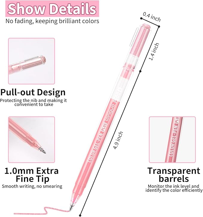 Glitter Gel Pens, 6 Pack Glitter Pens For Adults Coloring Books, 1.0mm Point Colored Pens, Large Capacity Ink Pens for Coloring, Writing, Drawing, Journaling, Note Taking, Office, Home