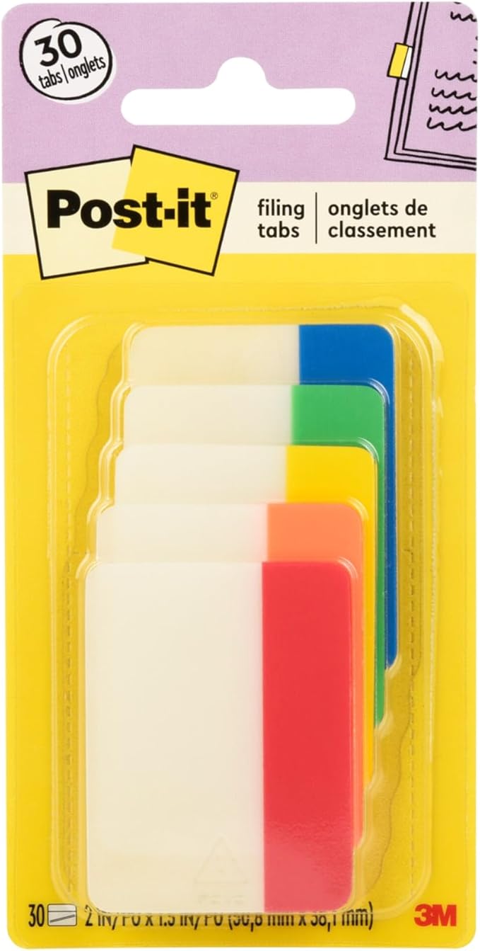 Post-it Tabs, 2 in, Solid, Assorted Colors, 6 Tabs/Color, 5 Colors, 30 Tabs/Pack (686-ROYGB)