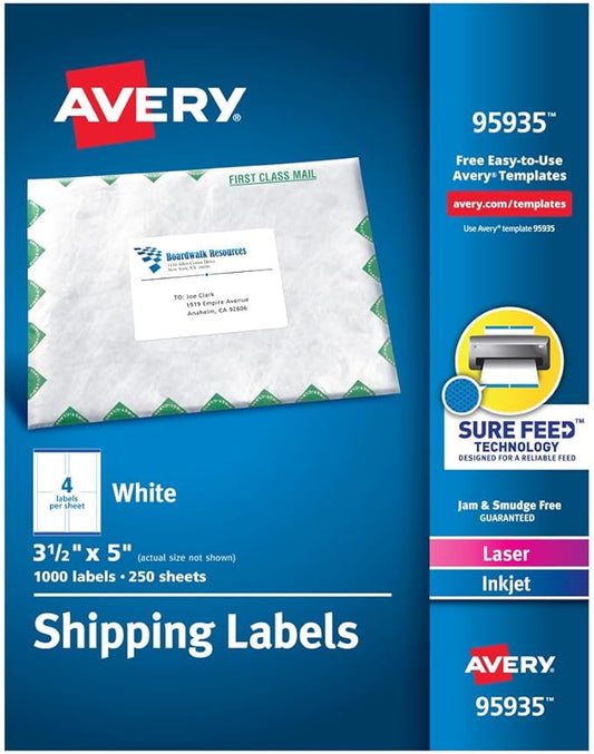 Avery Shipping Address Labels, Laser & Inkjet Printers, 1,000 Labels, 3-1/2 x 5, Permanent, 2 Packs (95935)