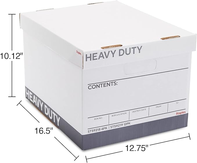 Staples Storage & Filing Box, Heavy-Duty with Handles & Removable Lid, Letter & Legal Size Documents, Stackable, 12-Pack, White/Gray