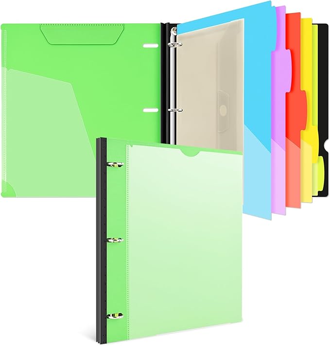 INFUN 1 Inch 3-Ring Telescoping Project Organizer Binder,13 Pocket, Customizable Front Cover, 5 Colors Pocket Divider and Plastic Binder Pocket，225 Sheet Capacity-Green