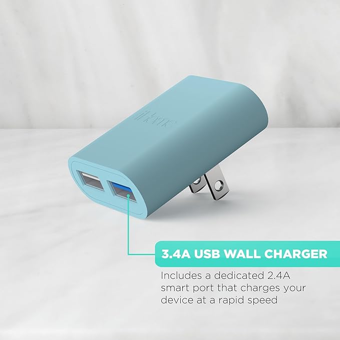 iHome 2-Port USB Wall Charger, AC Pro Multiport Plug Adapter, Phone Charging Block with Dual Ports, Flat Wall Adapter for Home & Travel