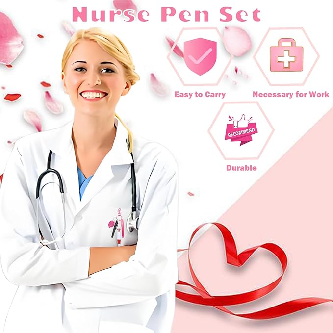 Nurse Pen Set, Badge Reel Pen Include Highlighter, Permanent Marker, Ballpoint Pen, LED Keychain Flashlight, and Nursing Keychain Clip (Pink)