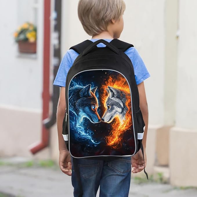 Kids Backpack for Boys Girls - 3pcs 17″ Boys Backpack with Lunch Box Set for Toddle Elementary Middle School - Students Bag for Ages 6-18 Wolf Bookbag Travel Back Pack