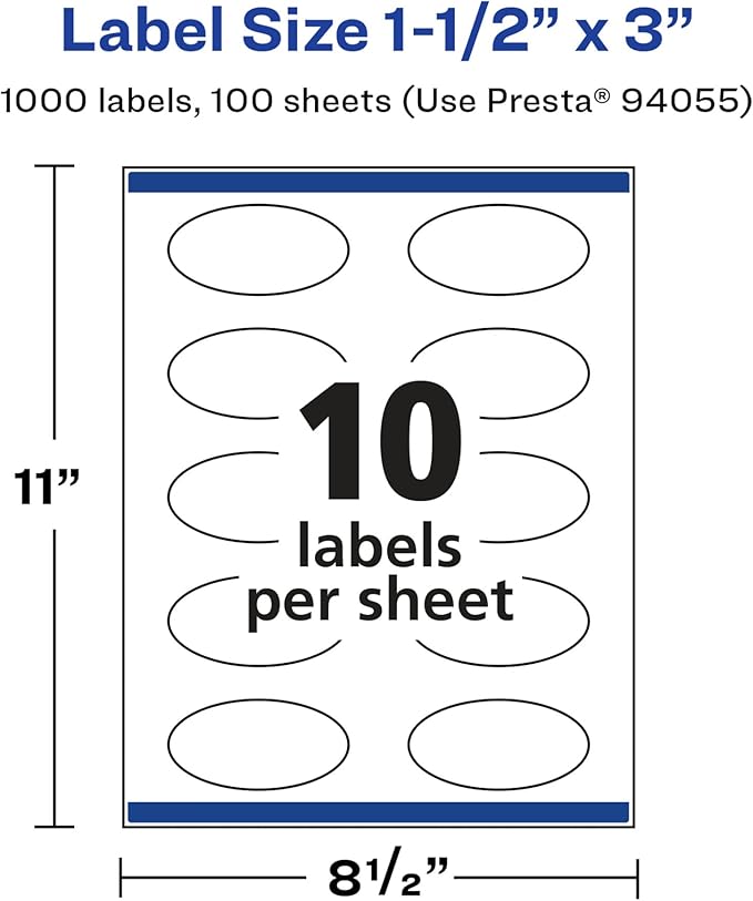 Avery Glossy White Oval Labels, Sure Feed Technology, 1.5" x 3", 1,000 Glossy White Labels, Print-to-The-Edge, Permanent Adhesive, Laser/Inkjet Printable