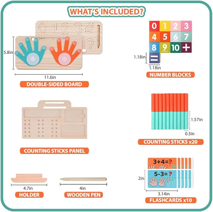 Montessori Math Learning Toy for Kids – Wooden Educational Counting Set with Double-Sided Board, Number Blocks, 20 Pcs Counting Sticks, 10 Pcs Flashcards, Holder & Pen - Preschool Learning Activities