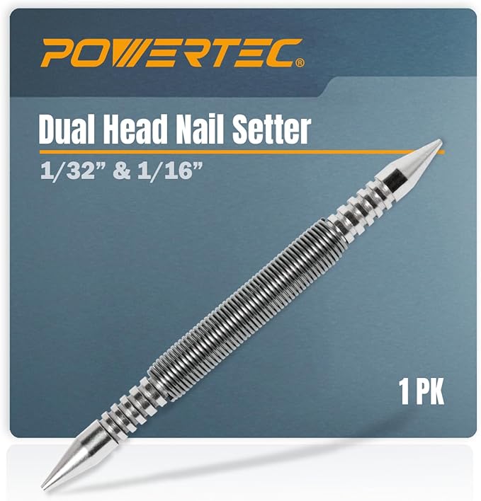 POWERTEC Dual Head Nail Setter, Hammerless 1/32" & 1/16" Spring Loaded Nail Set and Punch Tool, 5000 PSI Striking Force for Setting Proud Brad Nails, 1PK (71936)