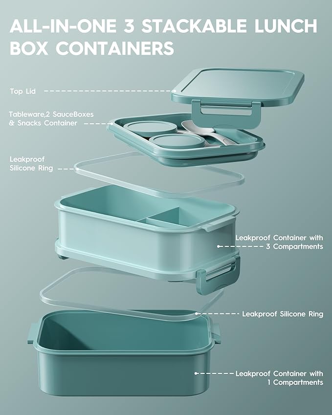 Adults Bento Lunch Box Set with Thermo Bag, 74oz Stackable Leak-proof 3-tiers Bento Box, Built-in Utensil and Sauce Container for Work, School, Dining Out (Green)