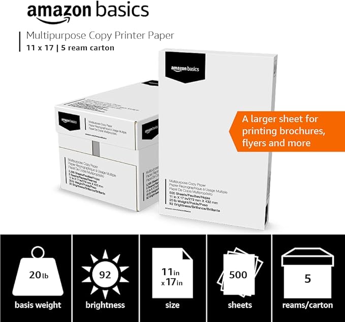 Amazon Basics Multipurpose Copy Printer Paper, 20 lb, 11 x 17 Inches, 5 Reams (2,500 Sheets), 92 Bright White