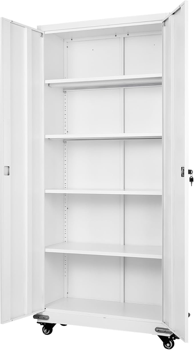 VEVOR Metal Storage Cabinet, 72.6 in Rolling Steel Garage Cabinet with 4 Adjustable Shelves, 2 Magnetic Doors & 2 Keys, 5 Tiers Lockable Tool Storage for Pantry, Warehouse, Basement, Office, White