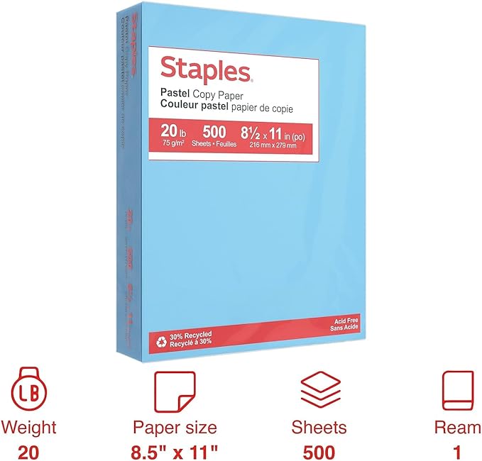 Staples 30% Recycled, 8.5 x 11 Inch, 20 lbs, 500-Sheets Pack, Blue, For Office, School & Home