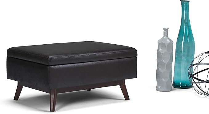 SIMPLIHOME Owen Coffee Table Storage Ottoman - 34 inch Wide Upholstered Vegan Leather Rectangular Lift-Top Ottoman in Distressed Black, Mid-Century Modern Bench for Living Room with Tapered Legs