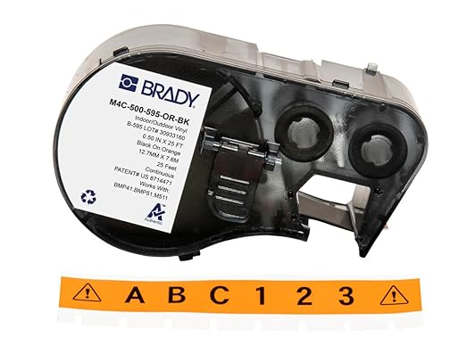Brady Authentic (M4C-500-595-OR-BK) All-Weather Permanent Adhesive Vinyl Labels 0.5 in W x 25ft Black on Orange. for use with BMP41, BMP51, M410, M510, and M511 Label Printers.