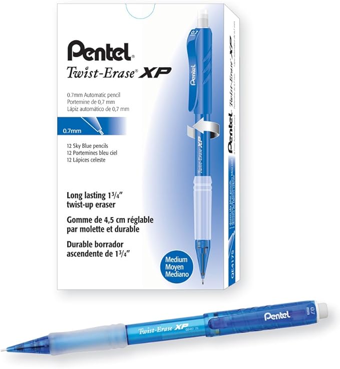 Pentel Twist Erase EXPRESS Automatic Pencil, 0.7mm Lead Size, Sky Blue Barrel, Box of 12 (QE417S)