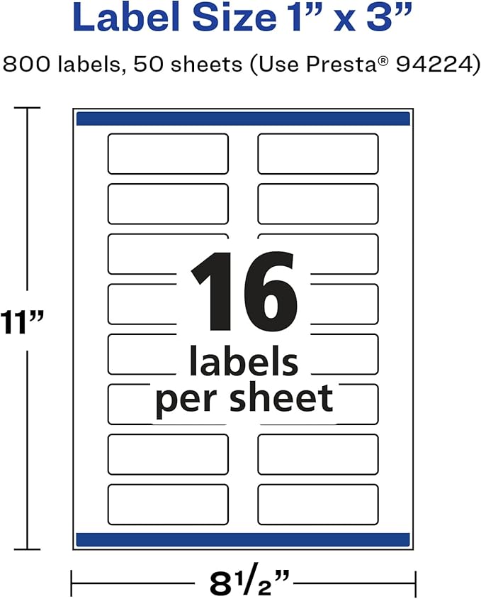Avery Glossy White Rectangle Labels, Sure Feed Technology, 1" x 3", 800 Glossy White Labels, Print-to-The-Edge, Permanent Adhesive, Laser/Inkjet Printable