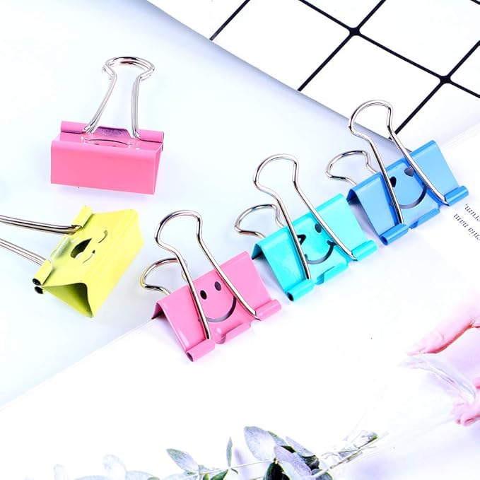【72pack】 Binder Clips, Limque Paper Clips,Paper Clamps with Colored Cute Hollow Smiling Face,72 Pcs Assorted Size Clip, for Office,Teacher Gifts and Kitchen
