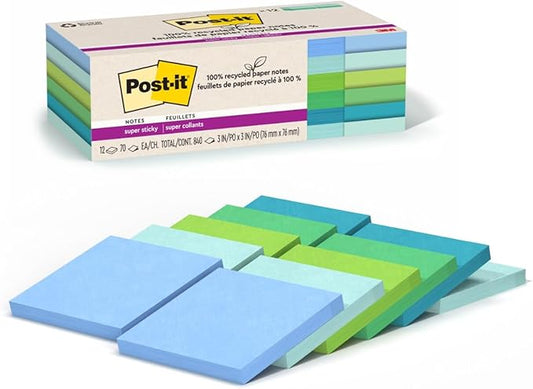 Post-it 100% Recycled Paper Super Sticky Notes, 3 in. x 3 in., 12 Pads, 70 Sheets per Pad, Oasis Collection, New Year Organization or Second Semester School Supplies