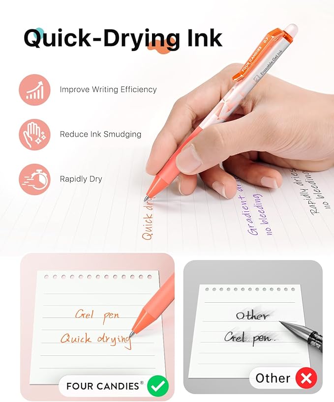Four Candies 0.7mm Erasable Gel Pens, Make Mistakes Disappear Colored Pens, 24 Colors Retractable Fine Point Erasable Pens for Writing, Drawing, Planner & School Supplies