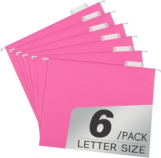 6 Pack Pink Hanging File Folders with Pocket,Letter Size Decorative Colored File Folder Cute Pretty Hanging Folder for Office Home School with 1/5-Cut Adjustable Tabs